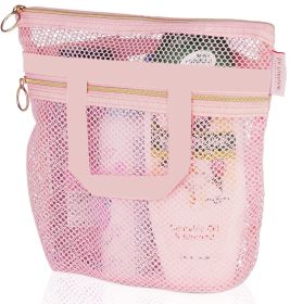 Portable Shower Tote Bag Transparent Mesh Cosmetic Bag Travel Toiletry Bag Mesh Beach Bag (Color: Pink)
