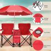 Portable Folding Picnic Double Chair with Umbrella, Table & Cooler â€“ Beach Camping Chair, Red/Gray Palm Tree Design