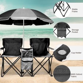 Portable Folding Picnic Double Chair with Umbrella, Table & Cooler â€“ Beach Camping Chair, Red/Gray Palm Tree Design (Color: Black)