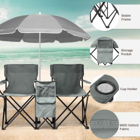Portable Folding Picnic Double Chair with Umbrella, Table & Cooler â€“ Beach Camping Chair, Red/Gray Palm Tree Design (Color: Gray)
