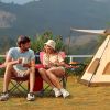 Portable Folding Picnic Double Chair with Umbrella, Table & Cooler â€“ Beach Camping Chair, Red/Gray Palm Tree Design